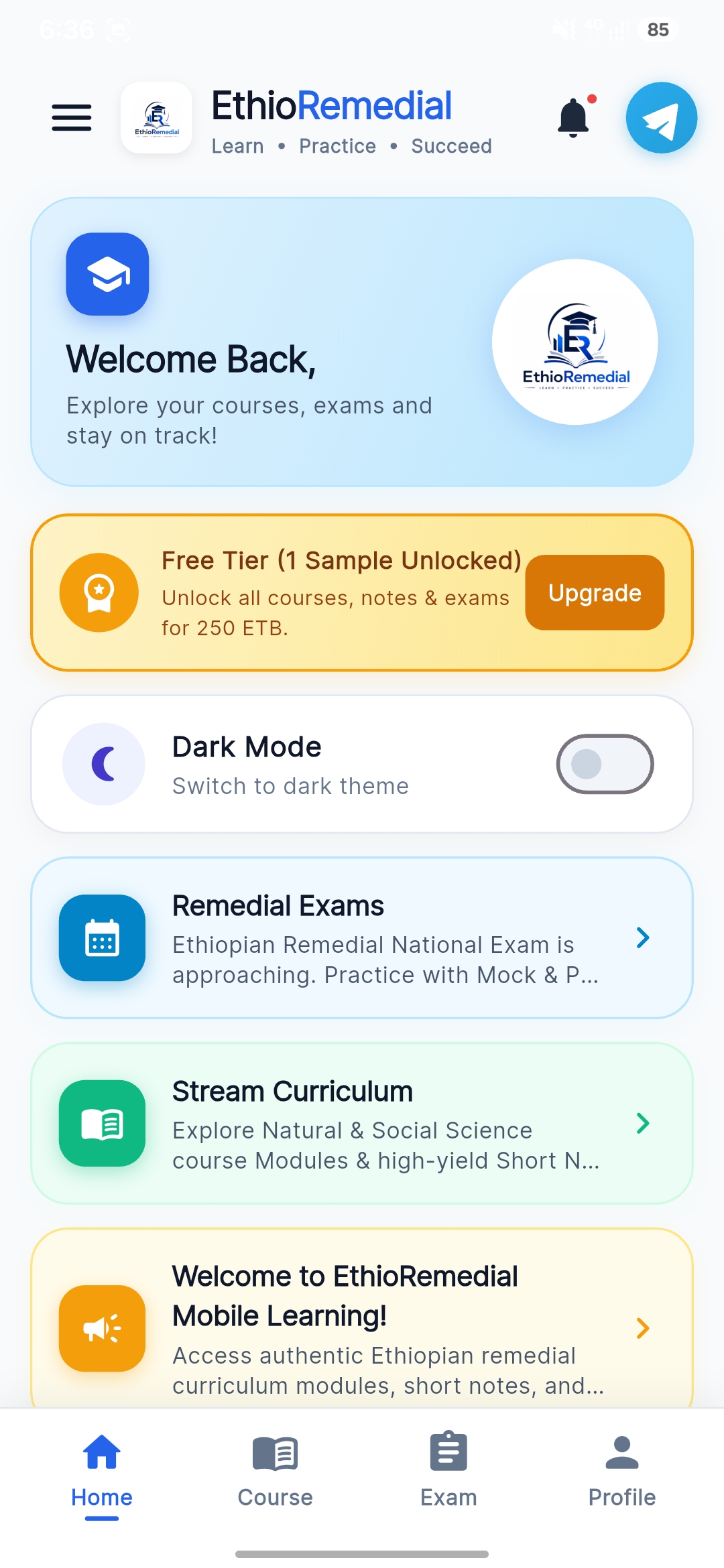 EthioRemedial home screen
